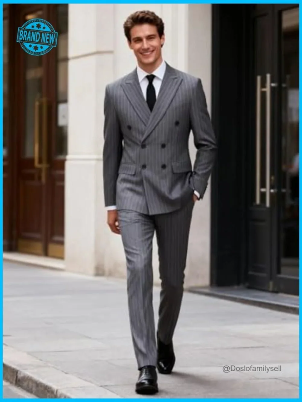 Pinstripe Double Breasted Tuxedo Suit Slim Fit Formal Blazer Pants Classic